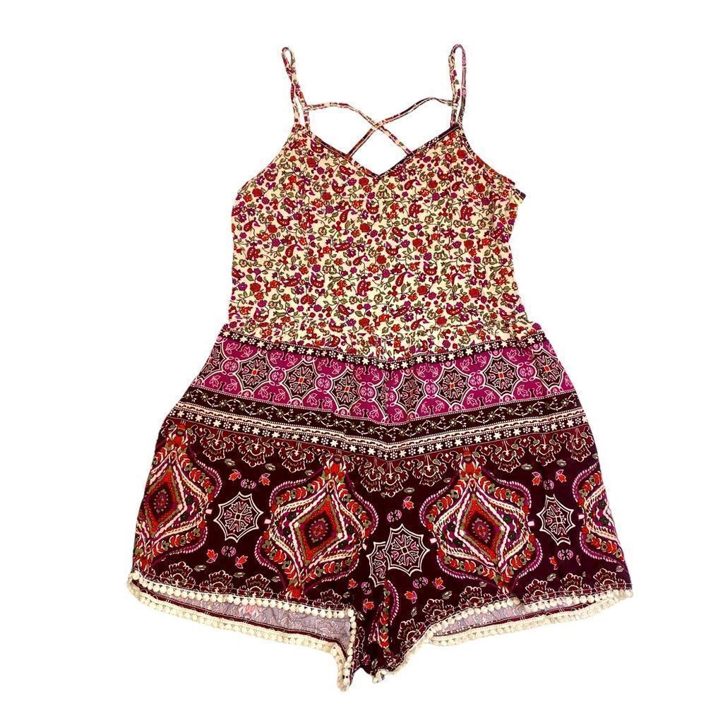 Hollister Sleeveless Paisley Pink and Burgundy Women’s Summer Romper Size Medium - Picture 1 of 9
